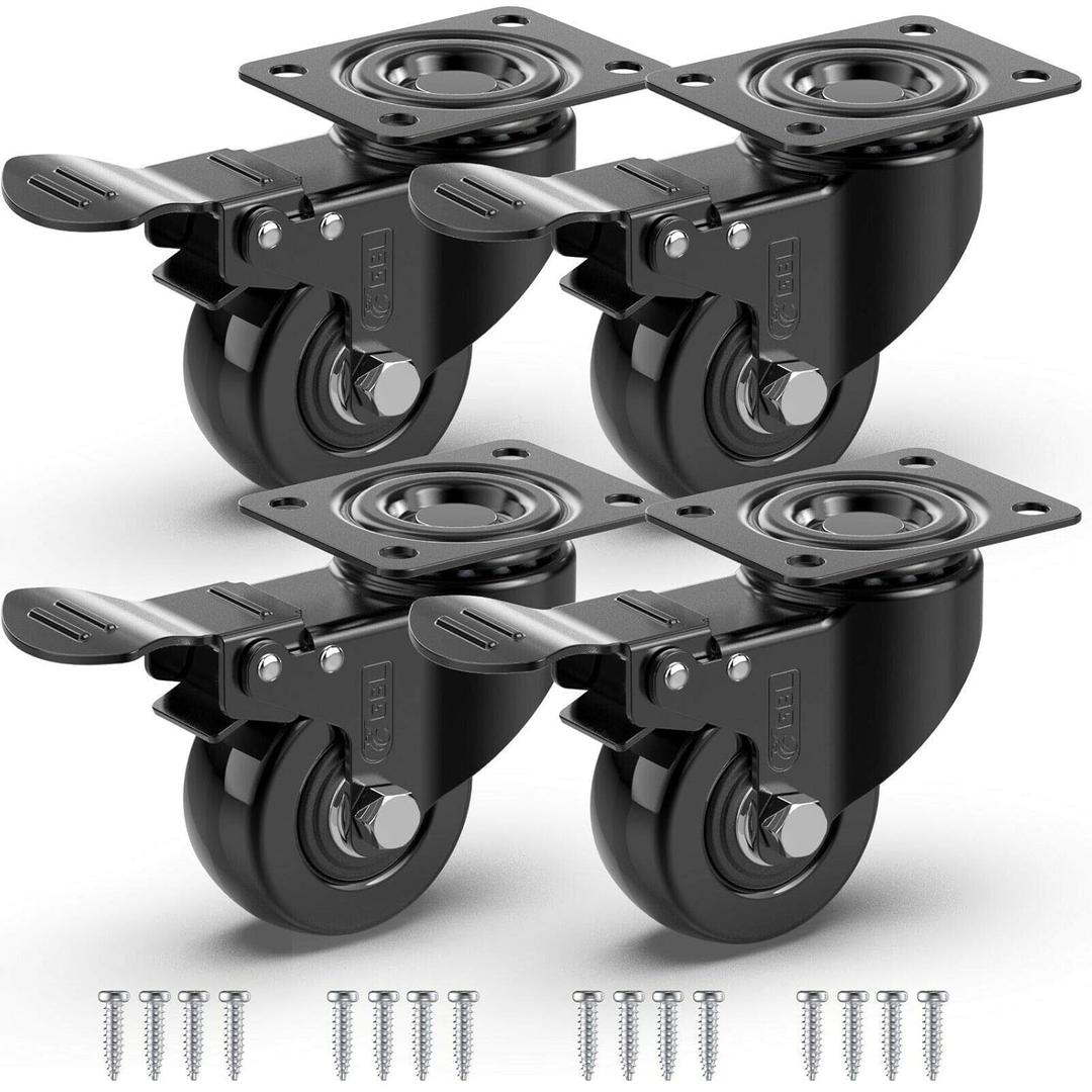 GBL 2" Heavy Duty Caster Wheels with Brakes + Screws - up to 440Lbs - Set of 4 No Floor Marks Silent Castor for Furniture - Rubbered Trolley or Pallet Swivel Wheels - Black Casters