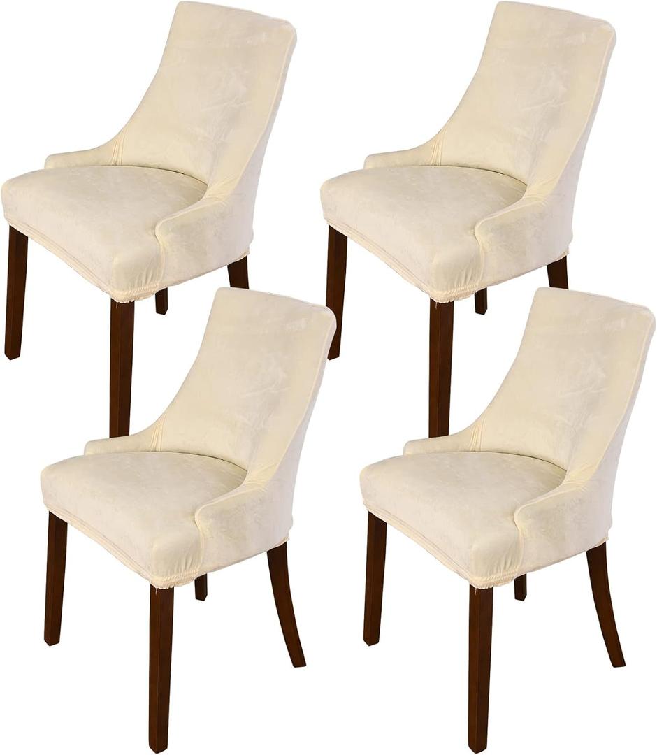 MIFXIN Velvet Wingback Chair Cover Slipcover Stretch Washable Sloping Armchair Dining Chair Protector Seat Cover for Dining Room Banquet Home Party Decor (Set of 4, Beige)