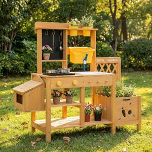 Wooden Mud Kitchen for Kids, Outdoor Play Kitchen with Real Running Water Sink, Mud Table, Gravity Water Tank, Planting Box, Critter Observation Box, 12-Pc Accessory Kit, Toddler Gift, Age 3+, 41.3"L x 36.2"W x 13.7"H