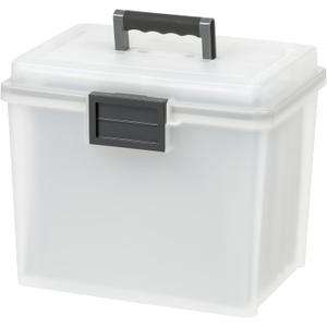 IRIS USA File Box WeatherPro Portable File Organizer Plastic File Box for Letter File w/ Organizer-Lid, Durable Lid and Seal w/ Secure Latching Buckles, Stackable and Nestable, Pearl 19 Qt. 1 Pack