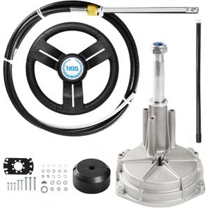 Mechanical Boat Steering System with 15FT Cable, 13.5" Black PU Steering Wheel, 3/4 Tapered Shaft, Compatible with Yamaha, Suzuki, Honda, Mercury, Nissan, Tohatsu