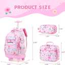 3 PCS Floral Rolling Backpack for Girls with Lunch Bag, Pink, Medium