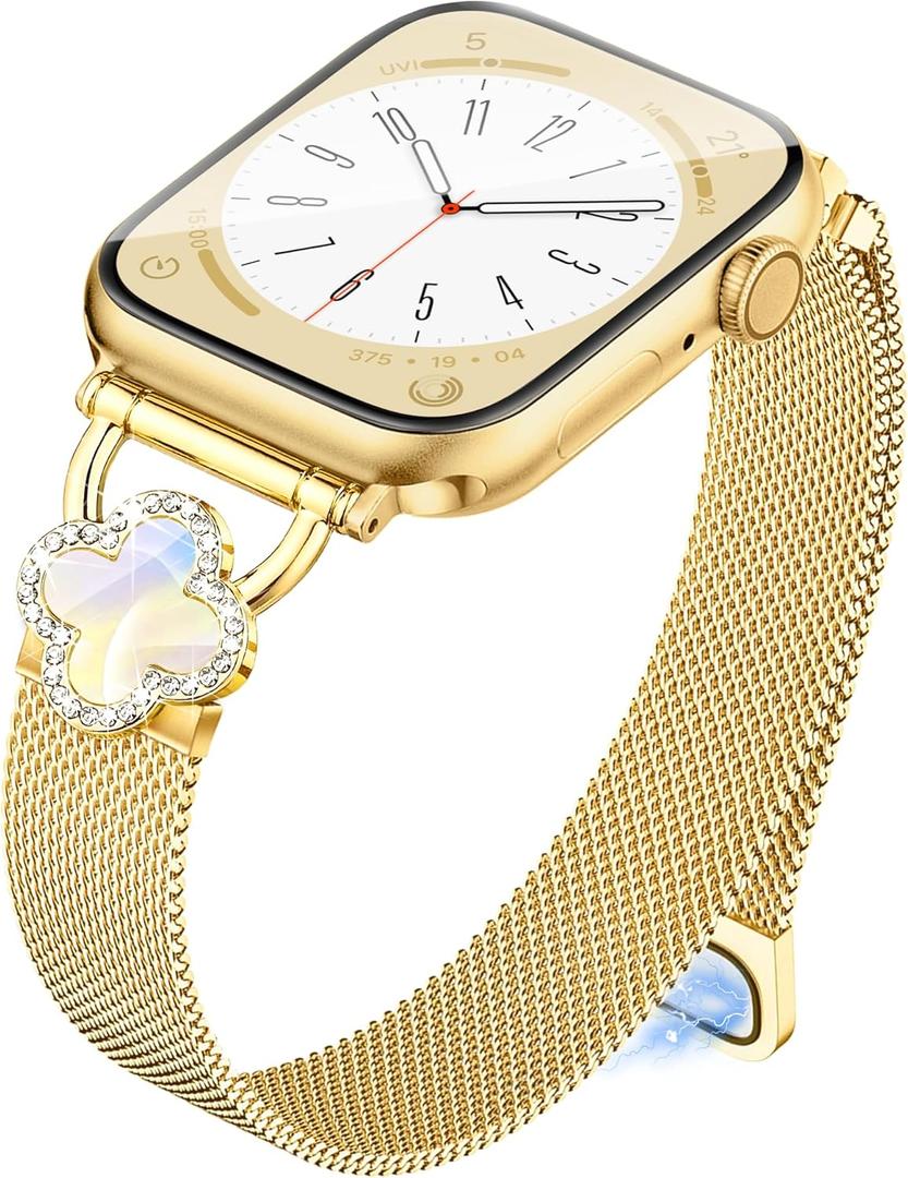 Melyis Magnetic Clover Band Fits Apple Watch Bands for Women 42mm 41mm 40mm 38m, Milanese Stainless Steel iWatch bands, Dressy Band for Apple Watch Band Series 11 10 9 8 7 6 5 4 3 2 SE-Gold