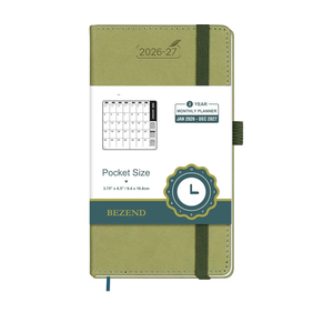 BEZEND Pocket Monthly Planner 2026-2027 (3.5" x 6.5") 2 Year Calendar Book for Purse with Note Pages, 100 GSM Paper, Inner Pocket, Pen Holder, Vegan Leather Hardcover in Kiwi