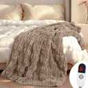 Heated Throw Blanket 50"x60", Electric Blanket with Bamboo Pattern, Luxury Faux Rabbit Fur & Soft Flannel, 6 Heat Settings, 1-4 Hour Auto Shut-Off, Throw Blanket for Couch, Machine Washable, Linen