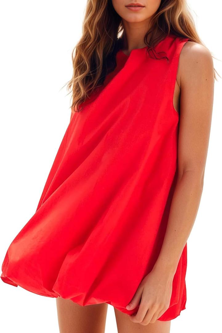Summer Sleeveless Bubble Mini Dress 2026 Tie Back Short Sun Dress Casual Sundresses with Pockets (Red, L)