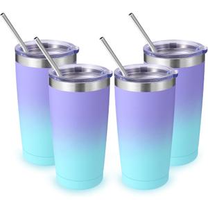 Volhoply 20oz Stainless Steel Tumbler with Lid and Straw Bulk 4 Pack,Double Wall Insulated Travel Iced Coffee Mug Fits Cup holder,Powder Coated Cups for Cold Drinks,Gifts for Women（Purple Bule,4 Set）, Medium