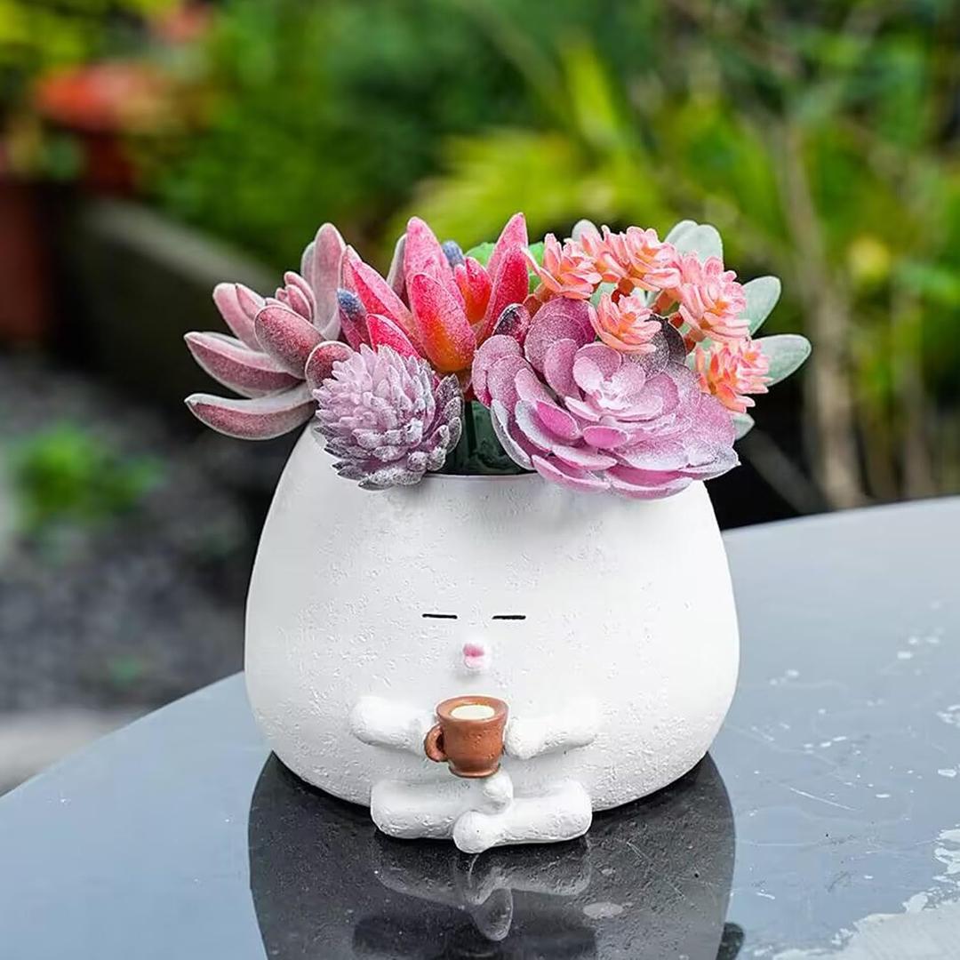 Smily Face Planter Pots,Cute Coffee Plant Pots for Indoor Outdoor Plants, Small Succulent Pots Resin Flower Pot Head Planters with Drainage Hole Pearl Plants Home Decor (White)