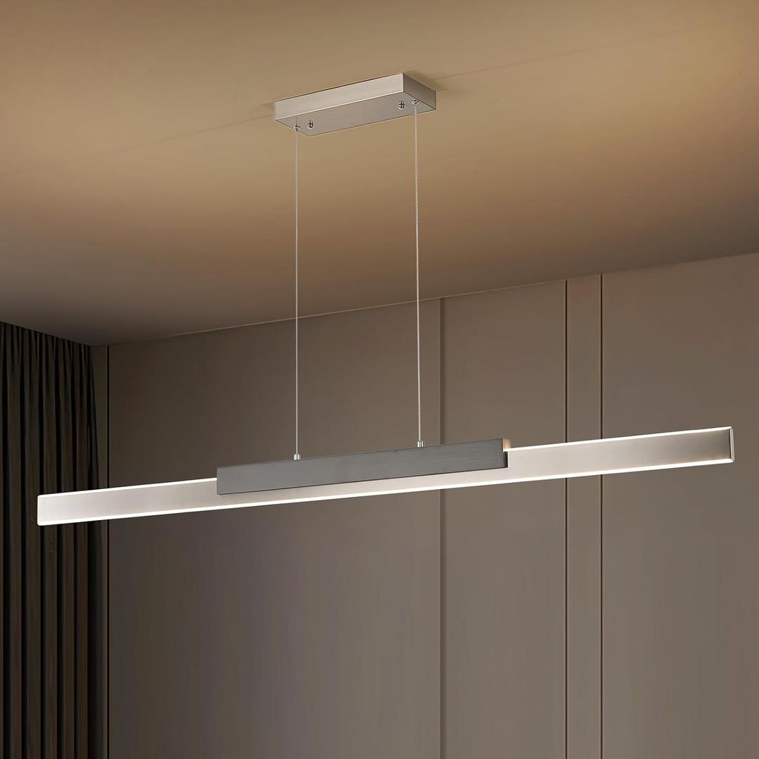 Modern LED Linear Pendant Light 57in Brushed Nickel Island Light Dimmable | Wood Hanging Light Long Kitchen Chandeliers Lighting for Dining Room Kitchen Island Home Office