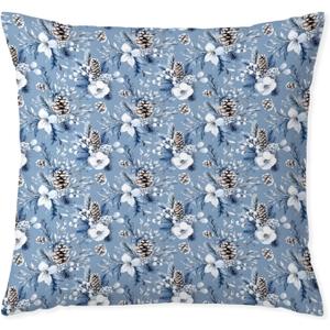 Blue Christmas White Floral Pillow Covers 18x18, Winter Home Decor, Holiday Winter Christmas Botanical Decorative Throw Pillow Covers for Couch Sofa Bedroom Living Room