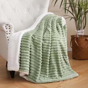 Sage Green Sherpa Fleece Throw Blanket 5060 for Couch Sofa Bed,Super Soft Cozy Plush Double Side Thick Flannel Blanket with Striped Design Lightweight for Adults,Woman,Girls