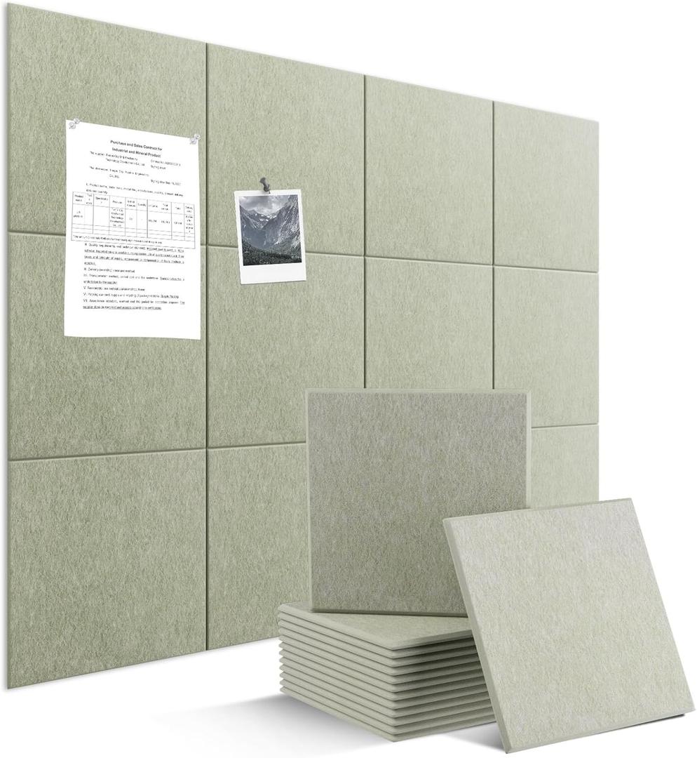 Large Felt Bulletin Board Tiles 48" x 36" Cork Board Alternative 12 Pack with 70 Adhesive Tabs Felt Wall Tiles Cork Boards for Walls Thick Slat Wall Panels for Home Office Classroom Decor (Sage)