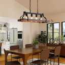 MEIXISUE Rustic Kitchen Island Dining Room Light Fixture Farmhouse Linear Chandelier Black and Retro Wood Finish 4-Light Industrial Metal Hanging Pendant Light UL Listed L28.3 W10.6