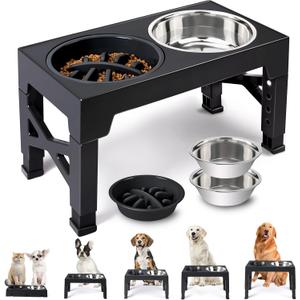Heeyoo Elevated Dog Bowls - 5 Adjustable Heights Stand, 2 Stainless Steel Bowls & 1 Slow Feeder, 3.2" to 12.2" for Small to Large Dogs (Black)