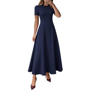 KIRUNDO Wedding Guest Dresses for Women 2026 Spring Summer Short Sleeve Pleated Long Flowy A Line Formal Maxi Dress Pockets(Navy Blue, Large)