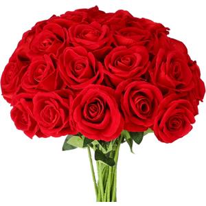 Hoteam 16 Pcs Artificial Roses Flowers Realistic Silk Roses Bouquet with Long Stem Valentine Fake Bouquet for Wedding Centerpieces Bridal Shower Party Decor (Red)