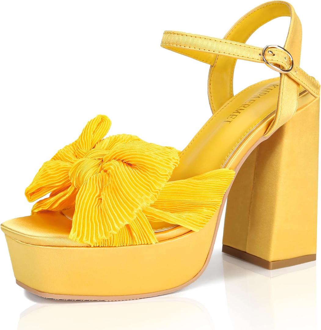 KHPAERMEI Bow Knot Platform Heels for Women Fashion Open Toe Chunky Heeled Sandals Ankle Strap Wedding Party Dress High Heels (7, Yellow)