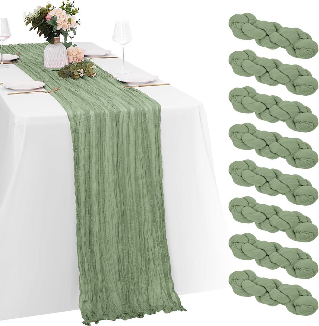 8 Pack Sage Green Cheesecloth Table Runner 20 x 120 inch Gauze Table Runners 10 FT Long,Semi Sheer Boho Cheese Cloth Fabric Table Runner Bulk for Wedding,Party,Baby Shower,Bridal Shower Decoration
