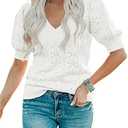 Foshow Womens Puff Short Sleeve Sweater Tops Summer Lightweight Loose Knit Pullover Shirts Blouses, S