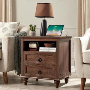 Farmhouse Nightstand with Charging Station, 22" Large End Table with 2 Drawers & Open Shelf, Rustic Wood Square Sofa Side Bedside Table w/4 Solid Wood Feet for Living Room, Bedroom,Walnut