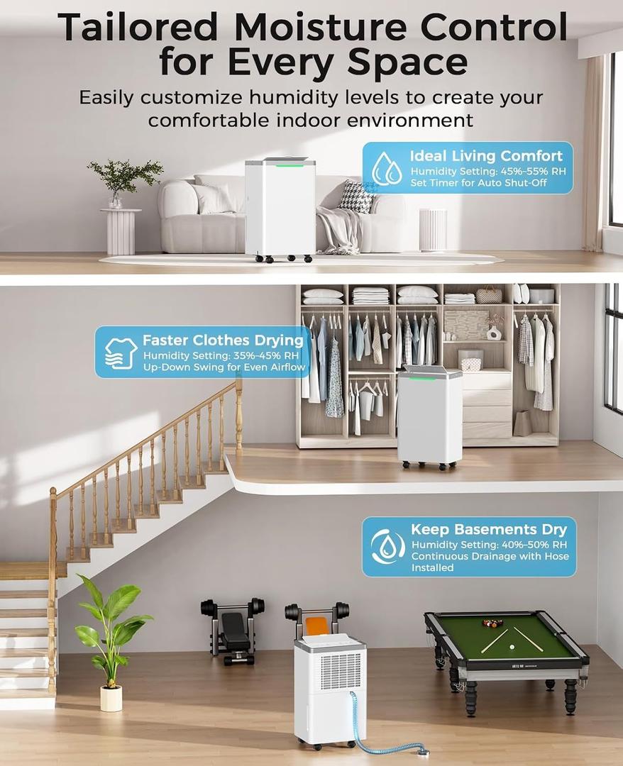 2500 Sq. Ft Dehumidifier for Basement with Drain Hose, 34 Pint/Day | 38dB Quiet, 24HR Timer, 3-Color Indicator, Auto Defrost, Child Lock, for Home, Bedroom, Bathroom
