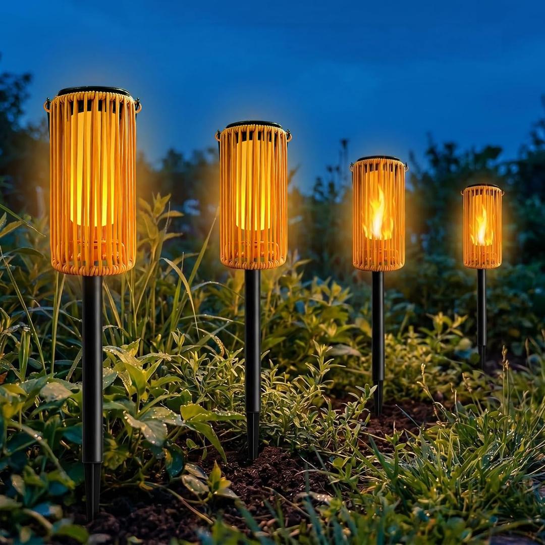 Solar Pathway Lights Flickering Flame Outdoor Decor, Hanging Solar Lanterns Garden Decorations, Waterproof Landscape Yard Patio Lawn Tree Gifts for Women Mom Grandma