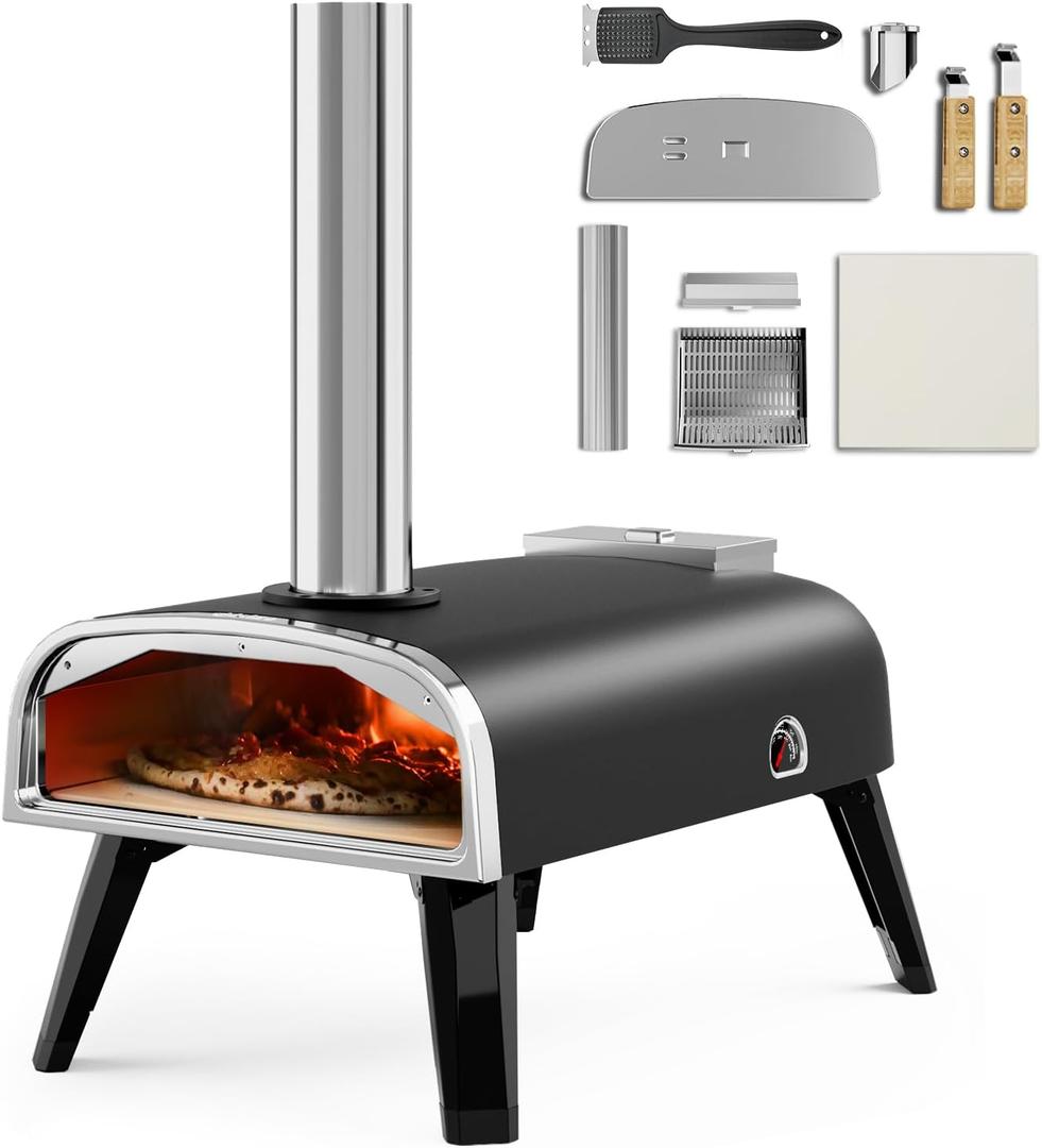 Pizza Oven Outdoor 12" Wood Fired Pizza Ovens Pellet Pizza Stove for outside, Portable Stainless Steel Pizza Oven for Backyard Pizza Oven (Black)