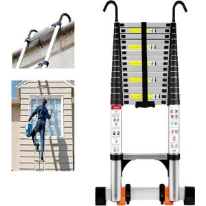 20.3 FT Telescoping Ladder, Adjustable Multi-Purpose Collapsible Extension w/Hooks, Foot Caps, Wheels & Stabilizer, Heavy Duty 330 lbs Max Capacity, Ideal for Home and Outdoor Work, Silver