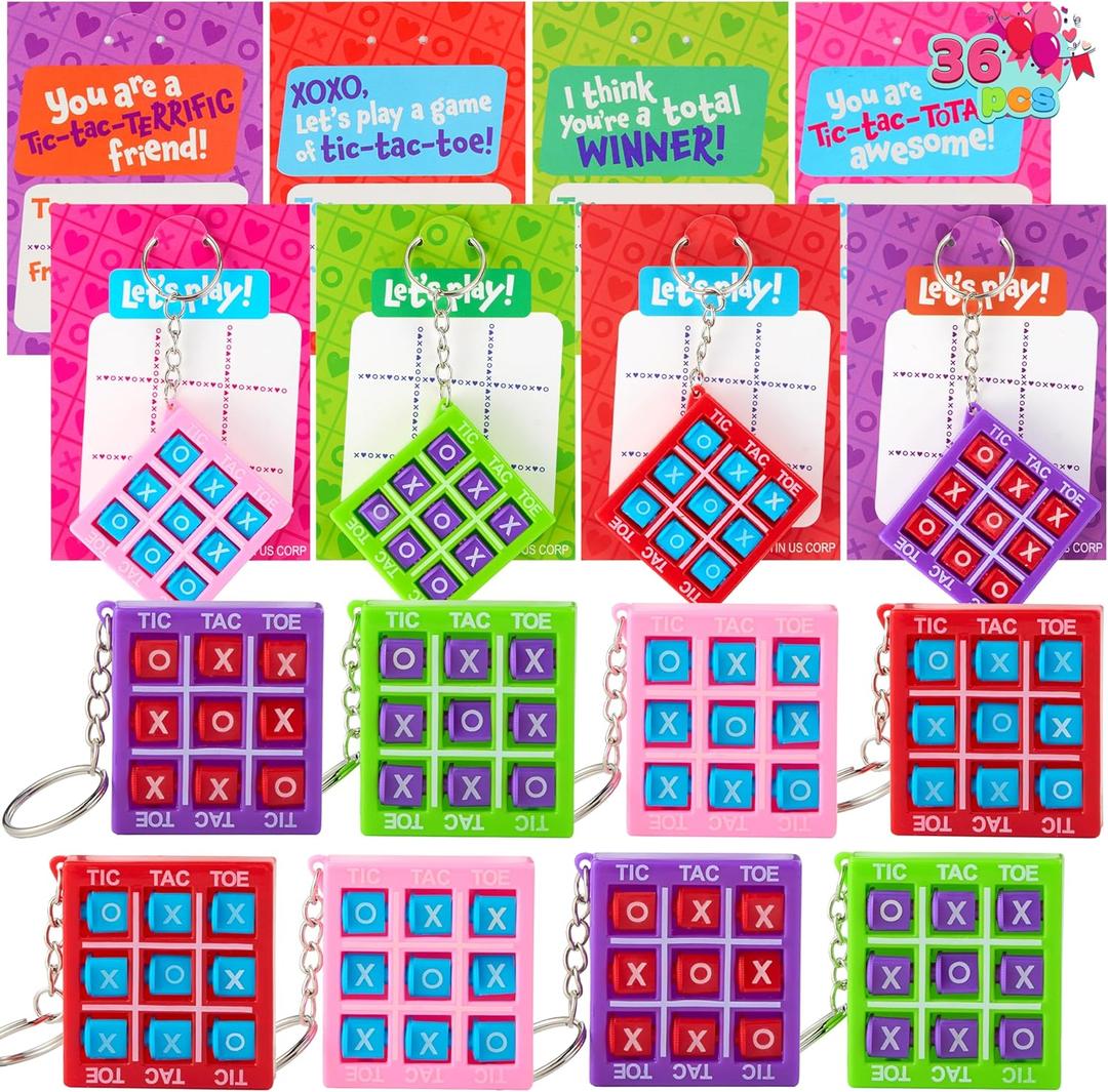 JOYIN 36 Pcs Valentines Day Tic-Tac-Toe Keychain with Greeting Cards, Valentines Keychains for Boys Girls, School Classroom Exchange Prizes for Kids