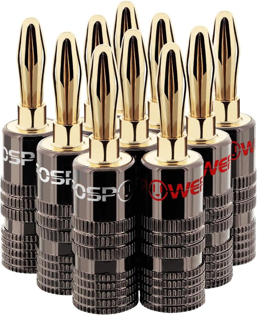 FosPower Banana Plugs 5 Pairs / 10 pcs, Closed Screw 24K Gold Plated Speaker Plug Connectors for Speaker Wire, Wall Plate, Home Theater, Audio/Video Receiver, Amplifiers and Sound Systems