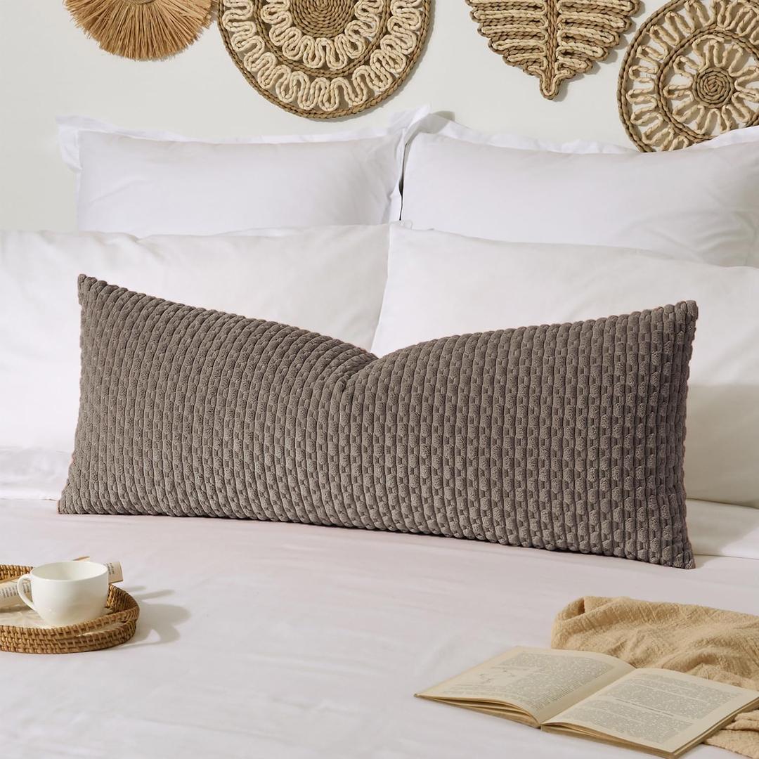 Kevin Textile 14x36 Inch Long Lumbar 1 Pack Boho Decorative Throw Pillow Cover Soft Striped Corduroy Rectangle Cushion Case Farmhouse Solid Color Accent for Living Room Couch Sofa Bed, Light Brown