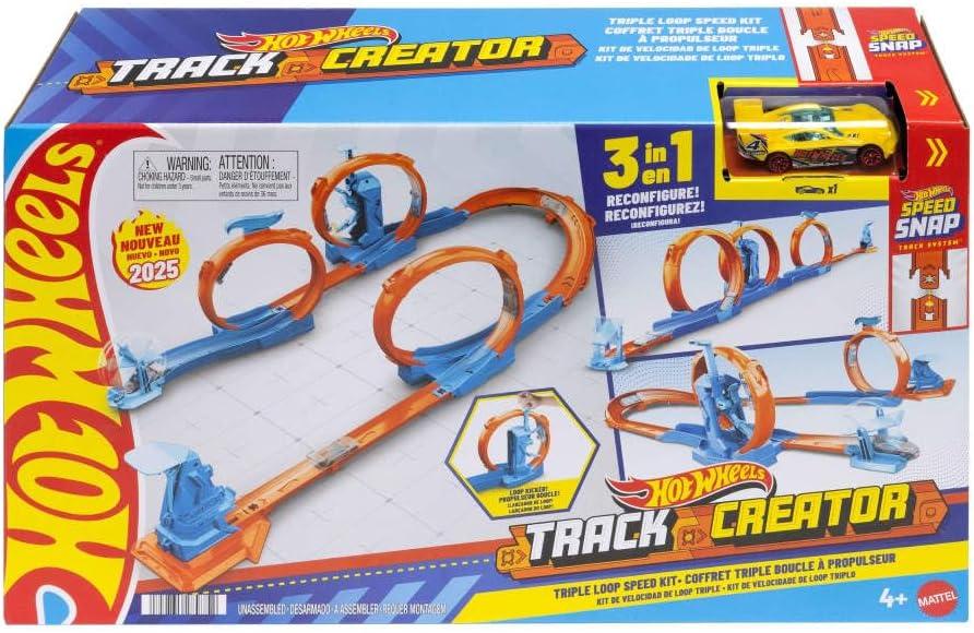 Hot Wheels Toy Car Track Set, Triple Loop Pack & 1:64 Scale Vehicle, Track-Building Components with 3 Loops, Speed Snap Tracks & Adapters