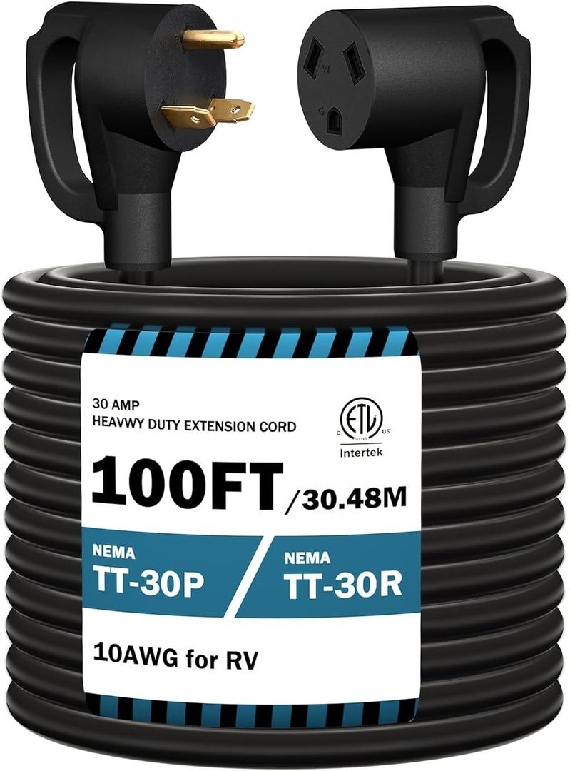 STRIGHT 100FT RV Extension Cord 30 Amp, RV Power Extension Cord NEMA TT-30P Male to TT-30R Female Heavy Duty 10 Gauge STW 3-Wire for RV Trailer Campers 125V, 3750W, ETL Listed (100FT 30AMP) (100FT 30 AMP, Black Plug)