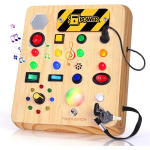 Busy Board with LED Light, Wooden Sensory Toys for Toddler, Montessori Music Toy for Airplane, Travel Activity Educational Learning Autism Toys, Birthday Boys Girls Gifts