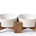 Getstar Ceramic Dog Bowls Set with Acacia Wood Stand, 3.5 Cups Pet Bowls Set of 2 for Medium Dogs, Cute Dog Food Bowl, Cat Bowls