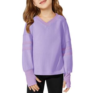 Haloumoning Girls Oversized Long Sleeve T Shirts Kids Casual V Neck Cute Tops Basic Tees with Thumb Holes 4-14Y Purple