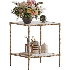 20" Square Sintered Stone End Table, Modern Marble Look Side Table with Open Storage Shelves, Accent Table with Antique Brass Gold Frame for Living Room, Bedroom, 19.69"D x 19.69"W x 24.02"H