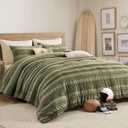 Wonderful Army Green Comforter Set Queen Size, Yarn Dyed Farmhouse Striped Cotton Lightweight Boho Comforter with Pillow Shams, Fluffy Bedding Set for All Season