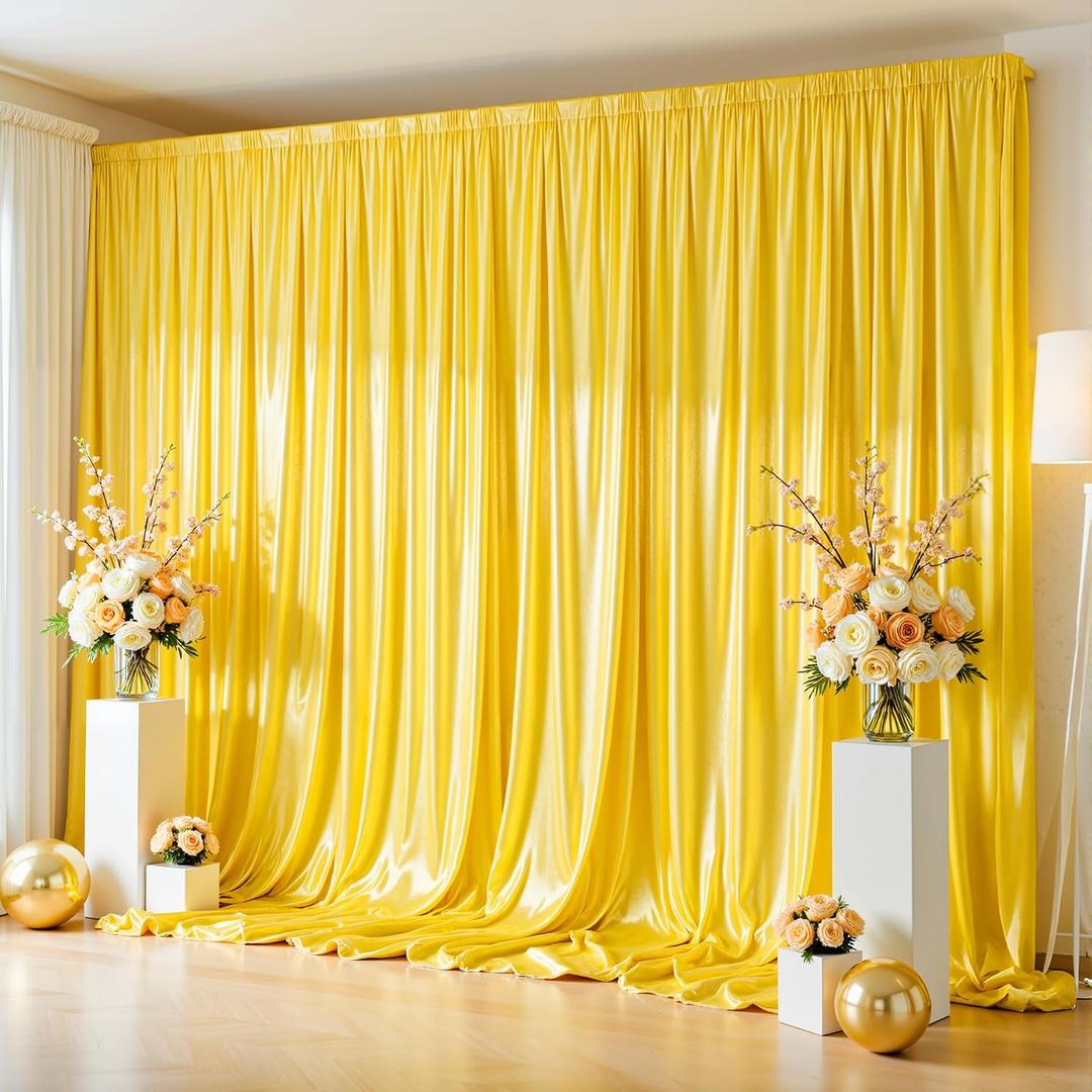 10x10ft Yellow Gold Glitter Backdrop Curtain for Parties, Wrinkle Free Satin Photo Backdrop Drapes 2 Panels 5x10FT Shimmer Back Drop Cloth for Wedding Birthday Stage Photography Background