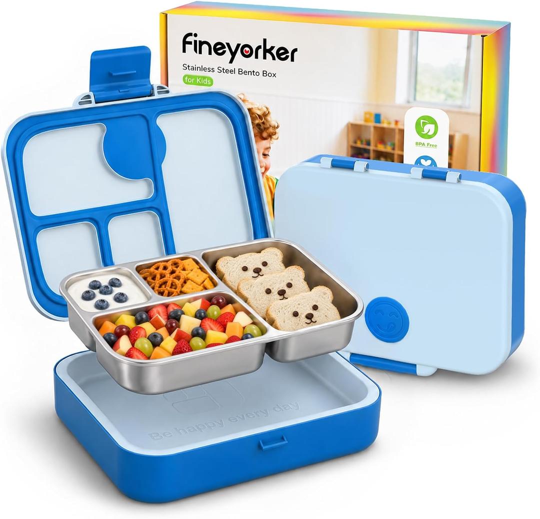 Kids Stainless Steel Bento Lunch Box, 4 Compartments | Leak-Resistant 4 Cups Lunch Container for Ages 4+ with Easy-Open Latch, Removable Seal & Meal Feedback Icon
