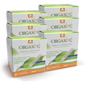 Organyc - 100% Certified Organic Cotton Tampons - Plant-Based Eco-Applicator, Super Plus, 16 Count(Pack of 6) (96 Count (Pack of 6))