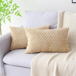Pack of 2 Soft Corduroy Decorative Pillow Covers 12 x 20 Inch Boho Striped Rectangle Pillow Covers Farmhouse Home Decor for Sofa Couch Bedroom Khaki