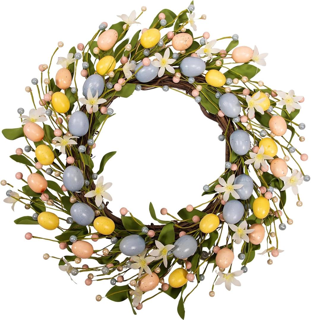 20 Inch Easter Wreaths for Front Door with White Daisy Colorful Eggs Pearl Berries and Green Leaves Egg Wreath for Window Porch Elegant Floral Home and Wall Decorations