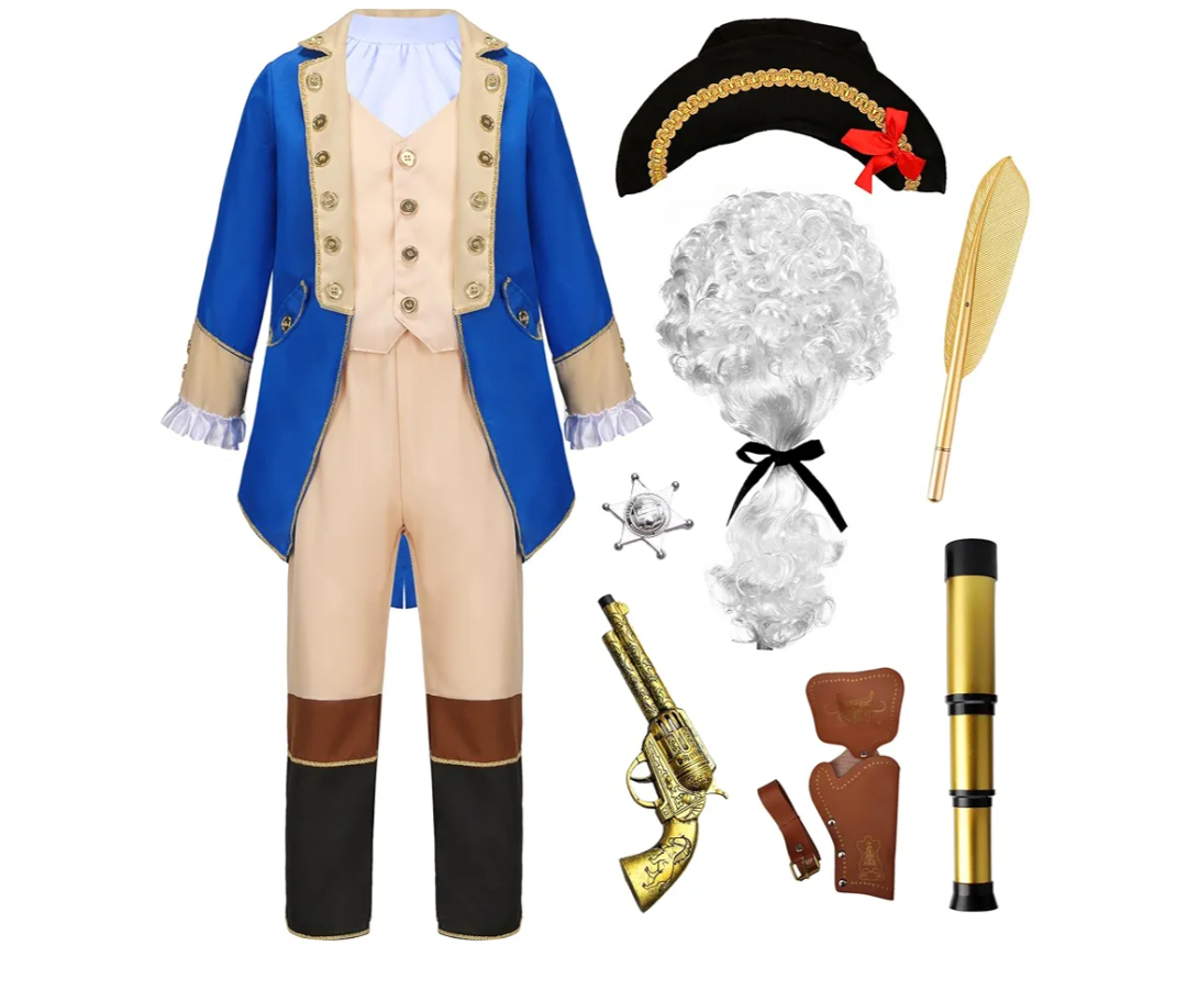 Washington Costume Boys Hamilton American Colonial Patriot Uniform with Wig (Blue, 7-8 Years)