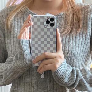 Cold Gray Checkered Print Phone Case Compatible with iPhone 13 Pro 6.1 inch Chessboard Soft Slim Thin ins Frame Design Girls Women Stylish IMD Protective Back Cover Casing(Grey Chessboard)