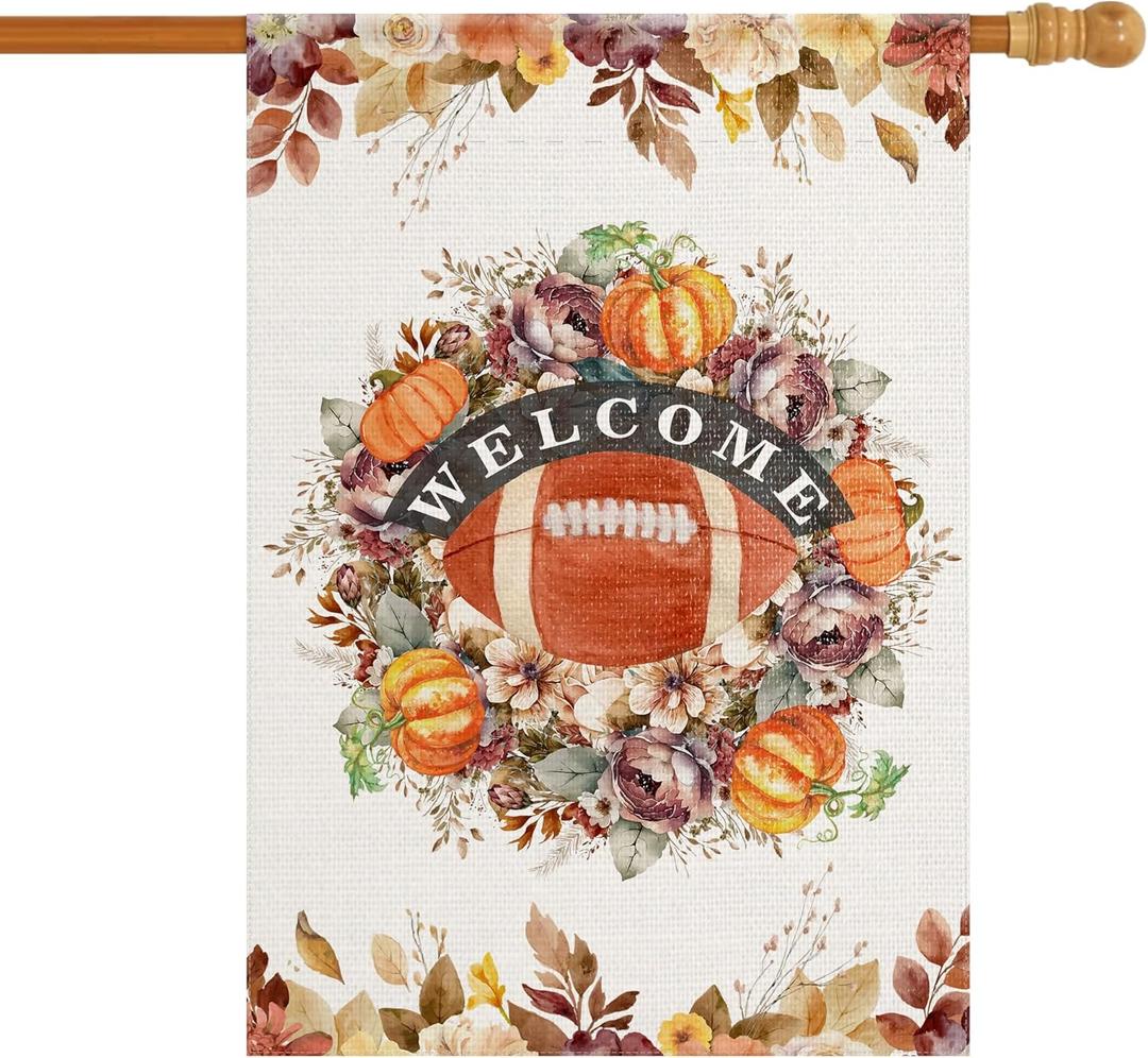 4 x Fall Garden Yard Flag 28 x 40 Inch Outside Double Sided Burlap Pumpkin Rugby Maple Leaf Welcome Flag Farmhouse Holiday Patio Lawn House Outdoor Decorations (Multicolor)