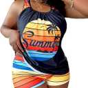 SOLY HUX Women's Plus Size Tankini Set Striped Tropical Print Tops and Shorts Bikini Bathing Suits 2 Piece Swimsuit, 3X-Large Plu