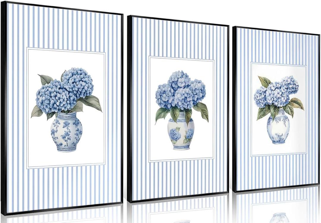 3Pcs Blue Hydrangea Chinoiserie Wall Art Blue and White Stripe Vase Wall Decor Pictures Trendy Preppy Aesthetics Floral Posters Prints for Dorm Apartment Woman Bedroom Decoration Unframed 16x24in