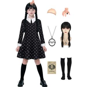 Kids Halloween Costume Girls Black Dress Cosplay with Wig Socks Necklace Hairpin (160 (13-14 Years))
