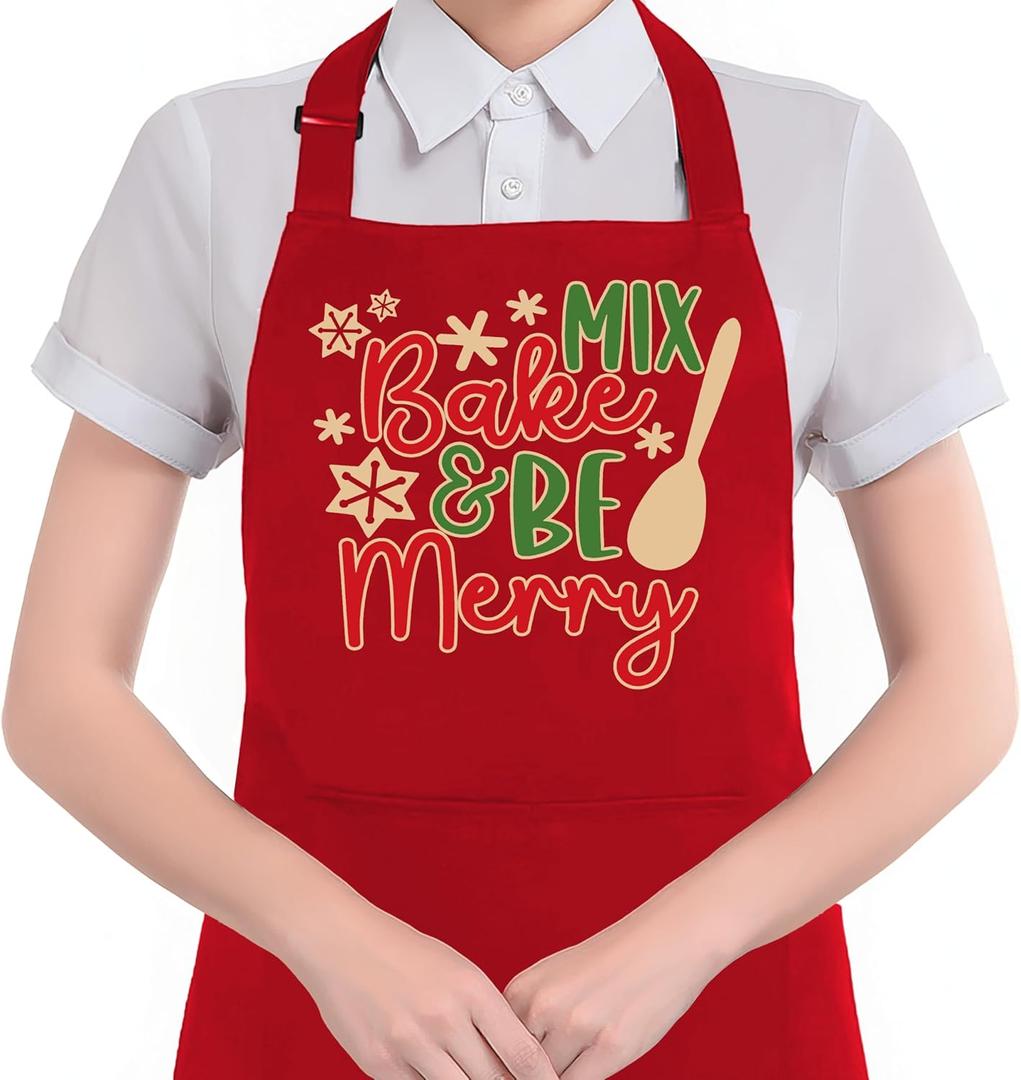 HUGANE Merry Christmas Baking Apron with Pockets, Gifts for Baking Lovers, Holiday Winter Snowflake Christmas Baker Waterproof Adjustable Cooking Apron for Kitchen Dishwashing Grilling